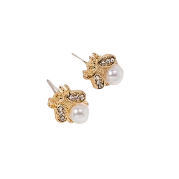 Gold Bumblebee Stud Earrings with Faux Pearl - Picture 5 of 8